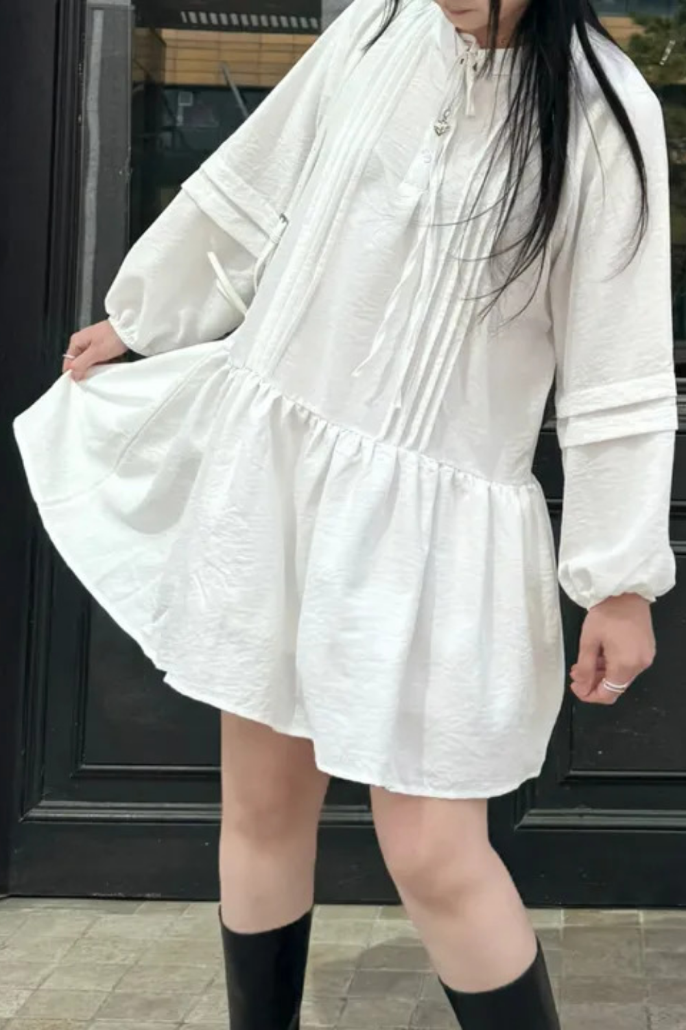 [MD강추/안감O] 프릴 핀턱 미니원피스 긴팔 원피스 데이트룩 하객룩 레이어드 군살커버 캉캉원피스